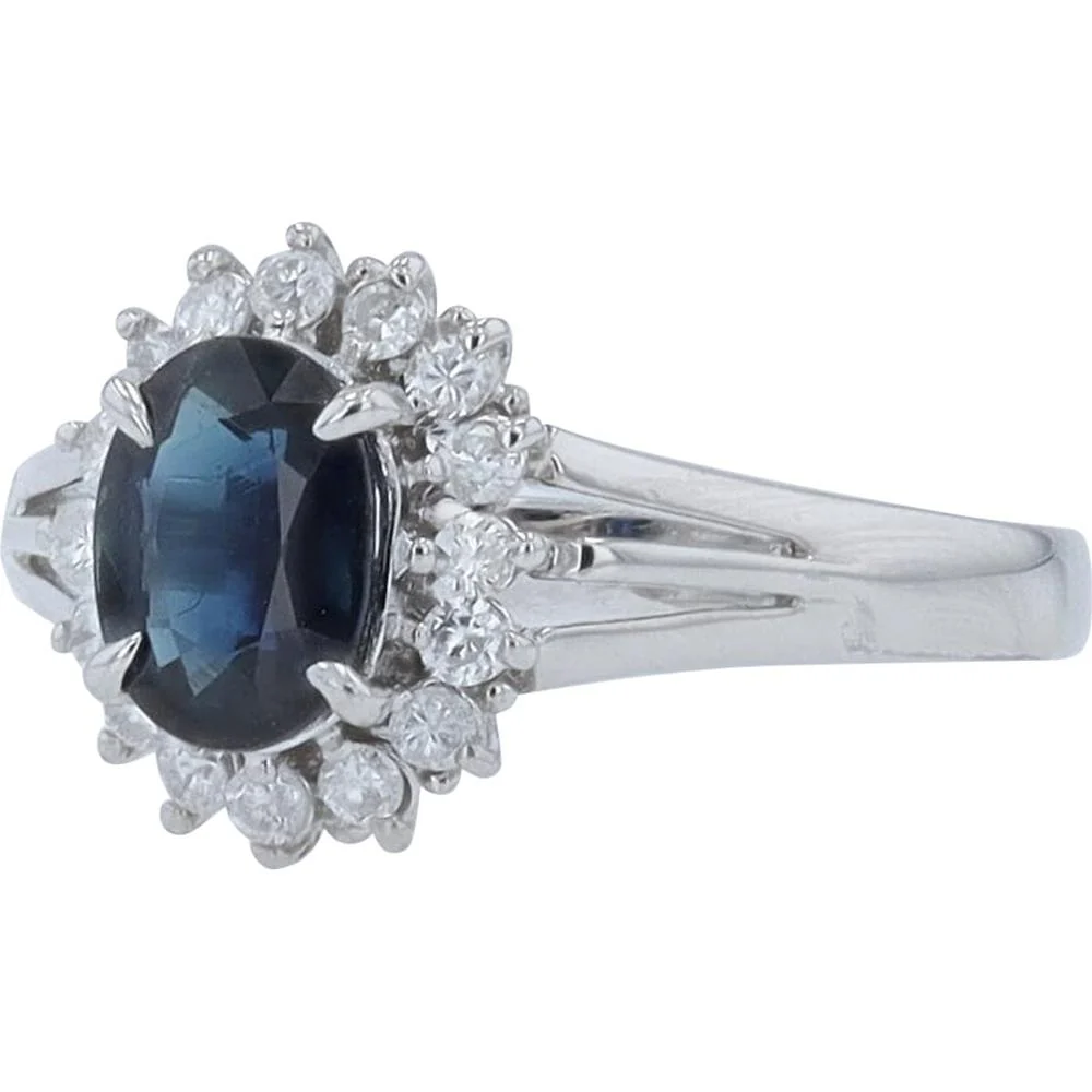 Platinum 0.97 Carat Oval Sapphire Halo Ring with 0.22 Carat Round Diamonds - Image 2