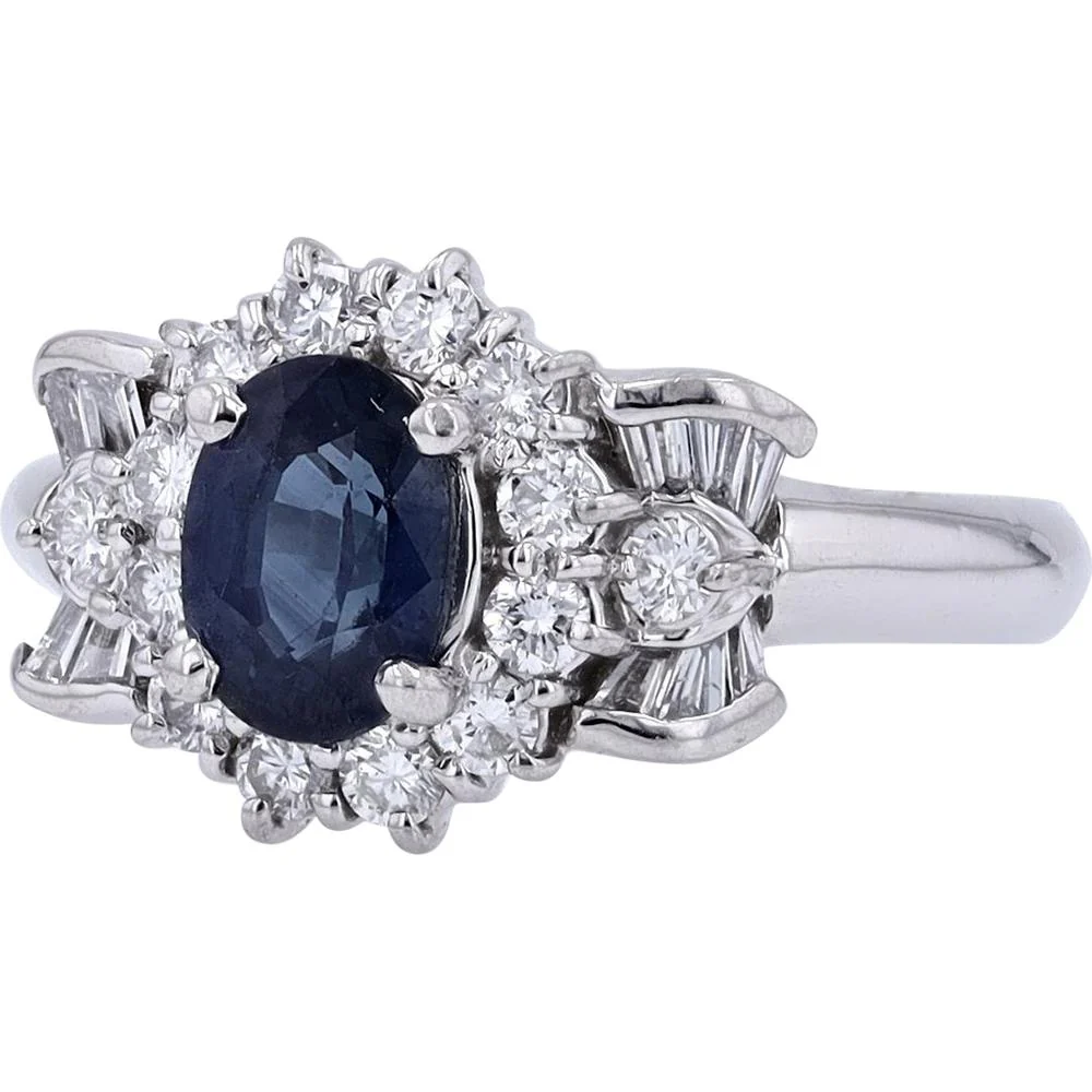 Platinum 1.20 Carat Oval Sapphire Halo Ring with 0.58 Carat Total Diamond Weight - Image 2
