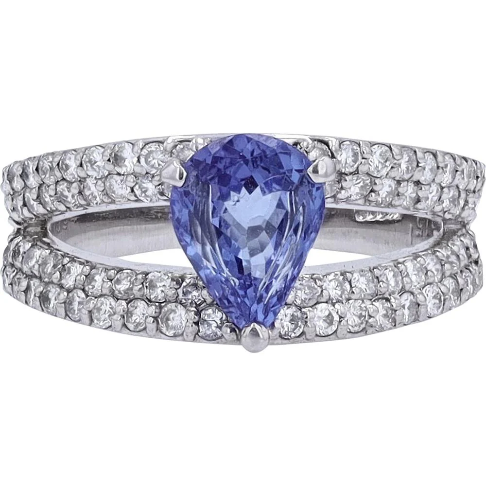 Platinum 1.51 Carat Pear Cut Tanzanite Ring with 0.94 Carats of Diamonds