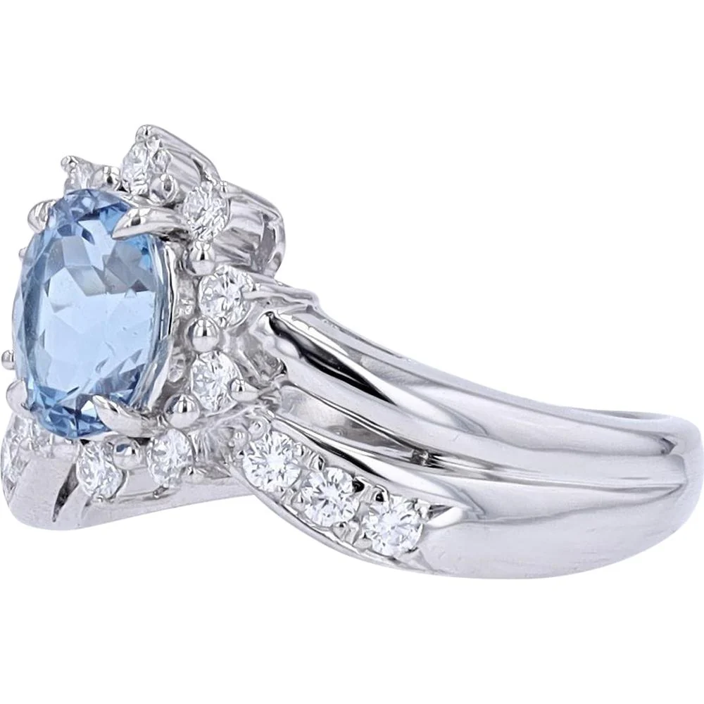 Platinum 1 Carat Oval Aquamarine Chevron Ring with 0.43 Carat Round Diamond Accents - Image 2