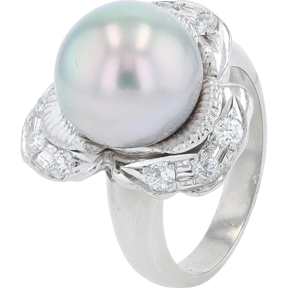Platinum 11.5mm Tahitian Pearl Ring with 0.45 Carat Diamond Halo