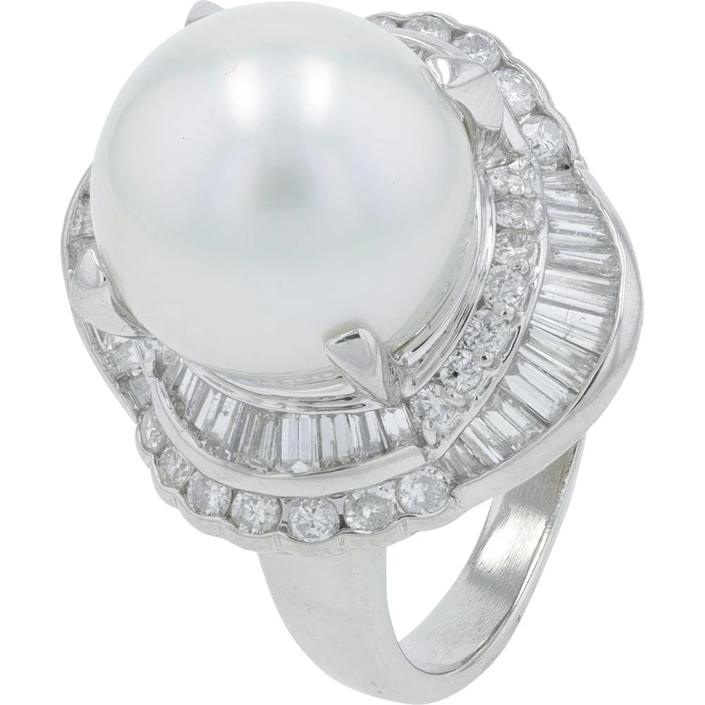 Platinum 11.8mm Pearl Cocktail Ring with Diamond Halo - 1.32 Carat Total Diamond Weight