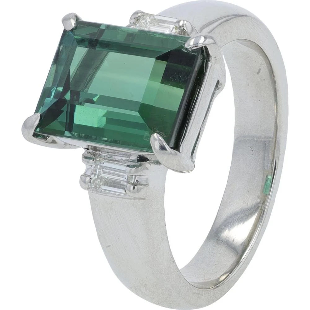 Platinum 4.62 Carat Green Tourmaline Ring with 0.22 Carat Baguette Diamonds