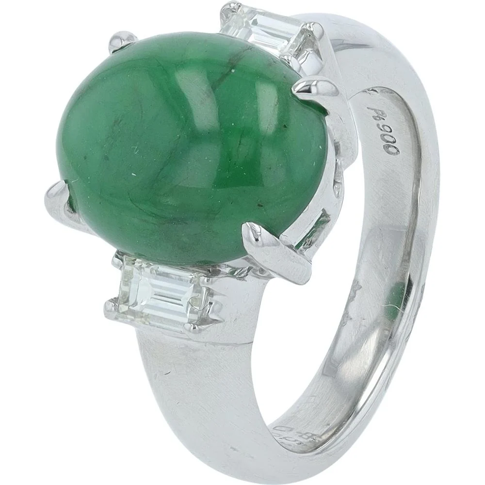 Platinum 5.32 Carat Oval Cabochon Jade Ring with 0.41 Carat Baguette Diamonds