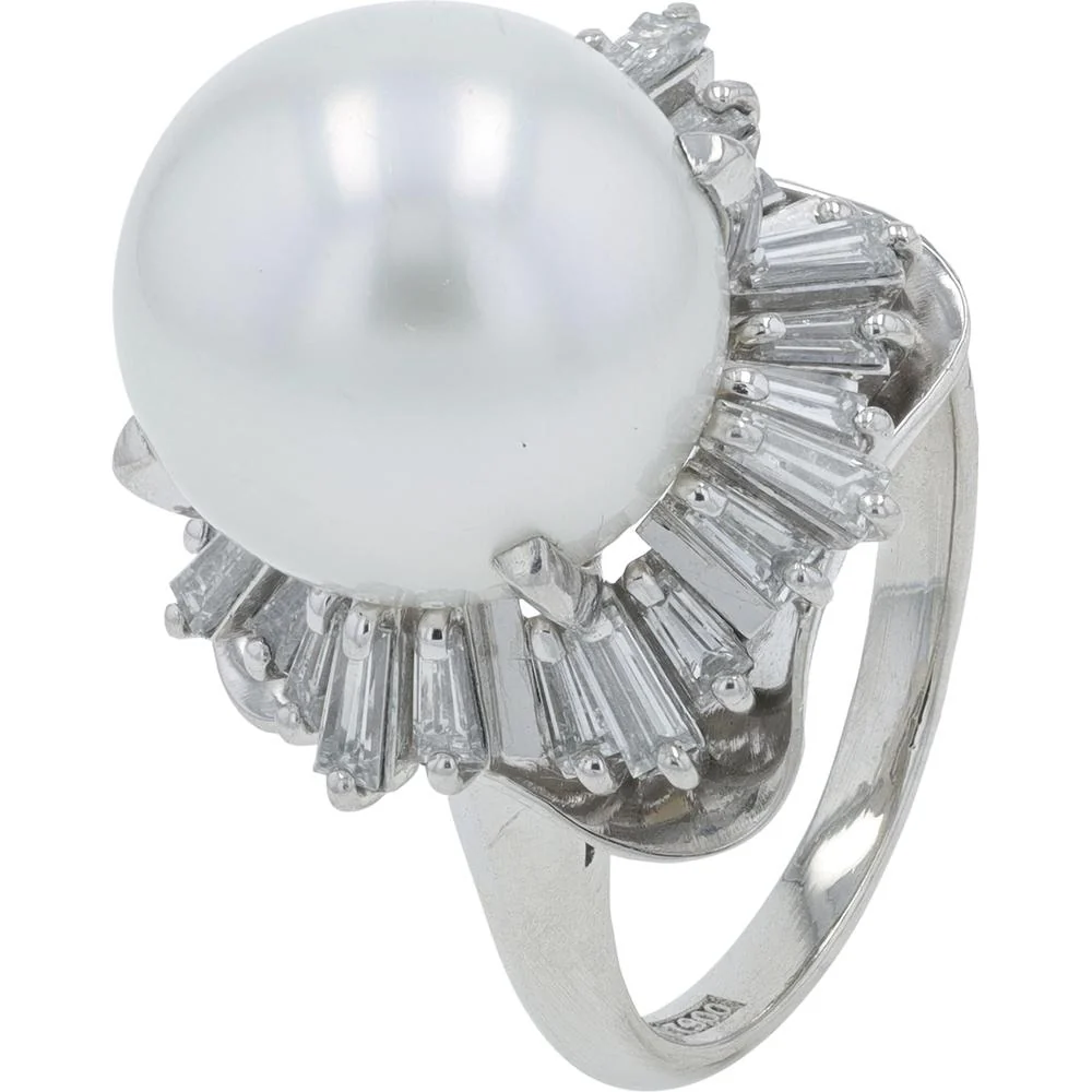 Platinum 900 Ring with 11.9 - 12mm Pearl and 0.92 Carat Baguette Diamonds Halo