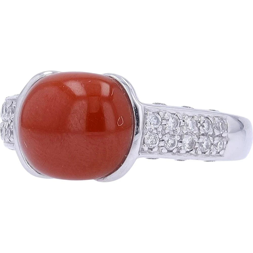 Platinum 900 Ring with Cabochon Coral Center and 0.31 Carat Total Diamond Accents - Image 2