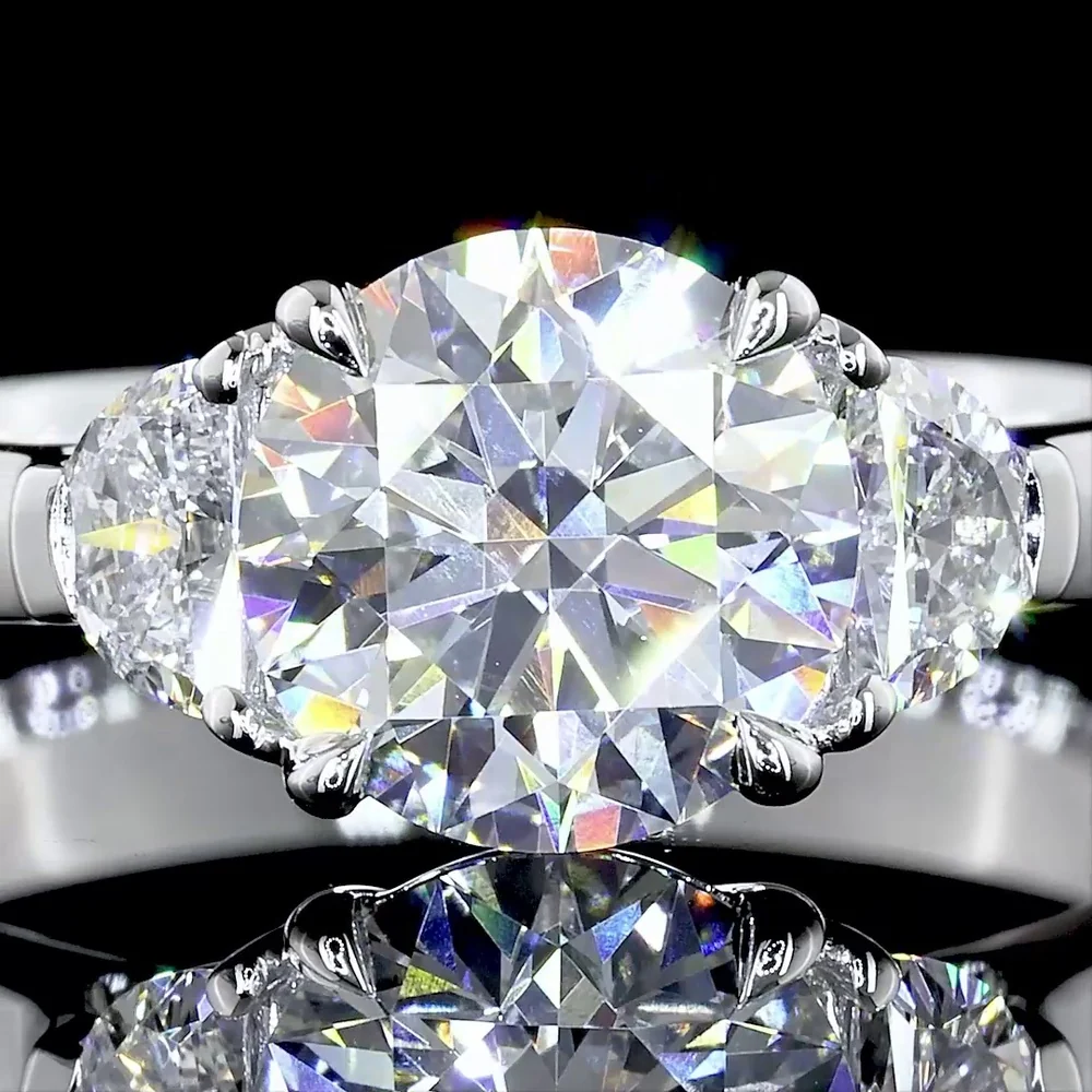 Platinum Three-Stone Ring with 1.15 Carat Round Lab Diamond and 0.30 Carat Half-Moon Side Diamonds - 1.45 Carat Total Weight - Covaloro Fine Jewelry - Image 2