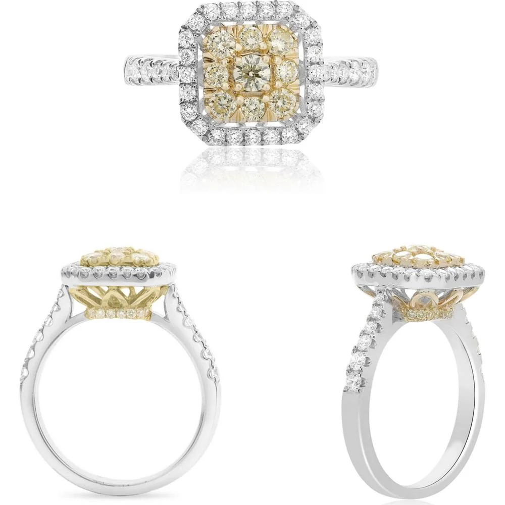 Roman & Jules - 14K White & Yellow Gold Pave Shank Square Diamond Ring with Fancy Yellow and Round White Diamonds - 1.00 Carat Total Diamond Weight