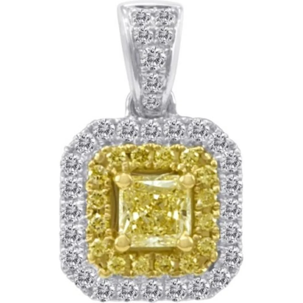 Roman & Jules - 14K White and Yellow Gold Radiant Fancy Yellow Diamond Pendant with Diamond Halo - 0.43 Carat Total Diamond Weight