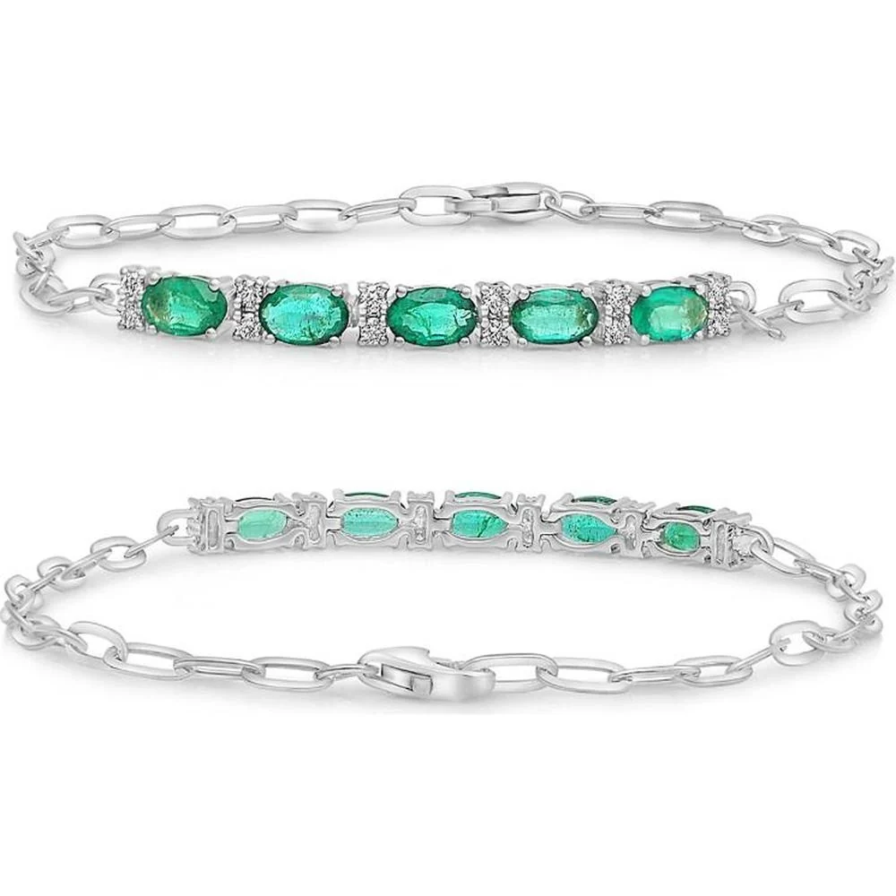 Roman & Jules - 14K White Gold Bracelet with Oval Emeralds and Round Diamonds - 1.15 Carat Total Emerald Weight