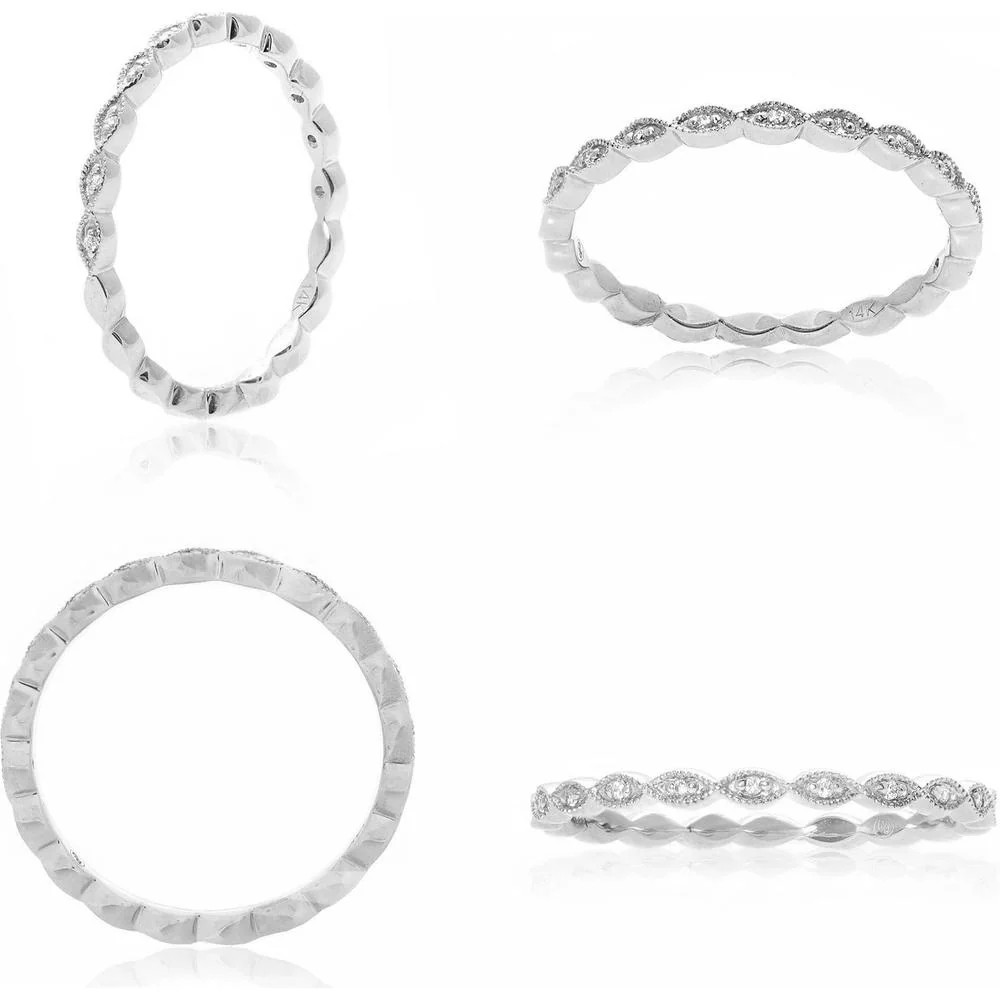Roman & Jules - 14K White Gold Milgrain Leaf Band with Round Diamonds - 0.03 Carat Total Diamond Weight