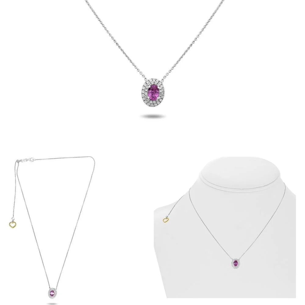 Roman & Jules - 14K White Gold Oval Pink Sapphire Necklace with Double Halo of Round Diamonds - 0.23 Carat Total Diamond Weight