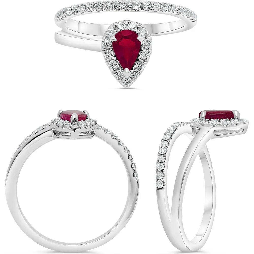 Roman & Jules - 14K White Gold Pear-Shaped Ruby Ring with Halo of Round Diamonds - 0.30 Carat Total Diamond Weight