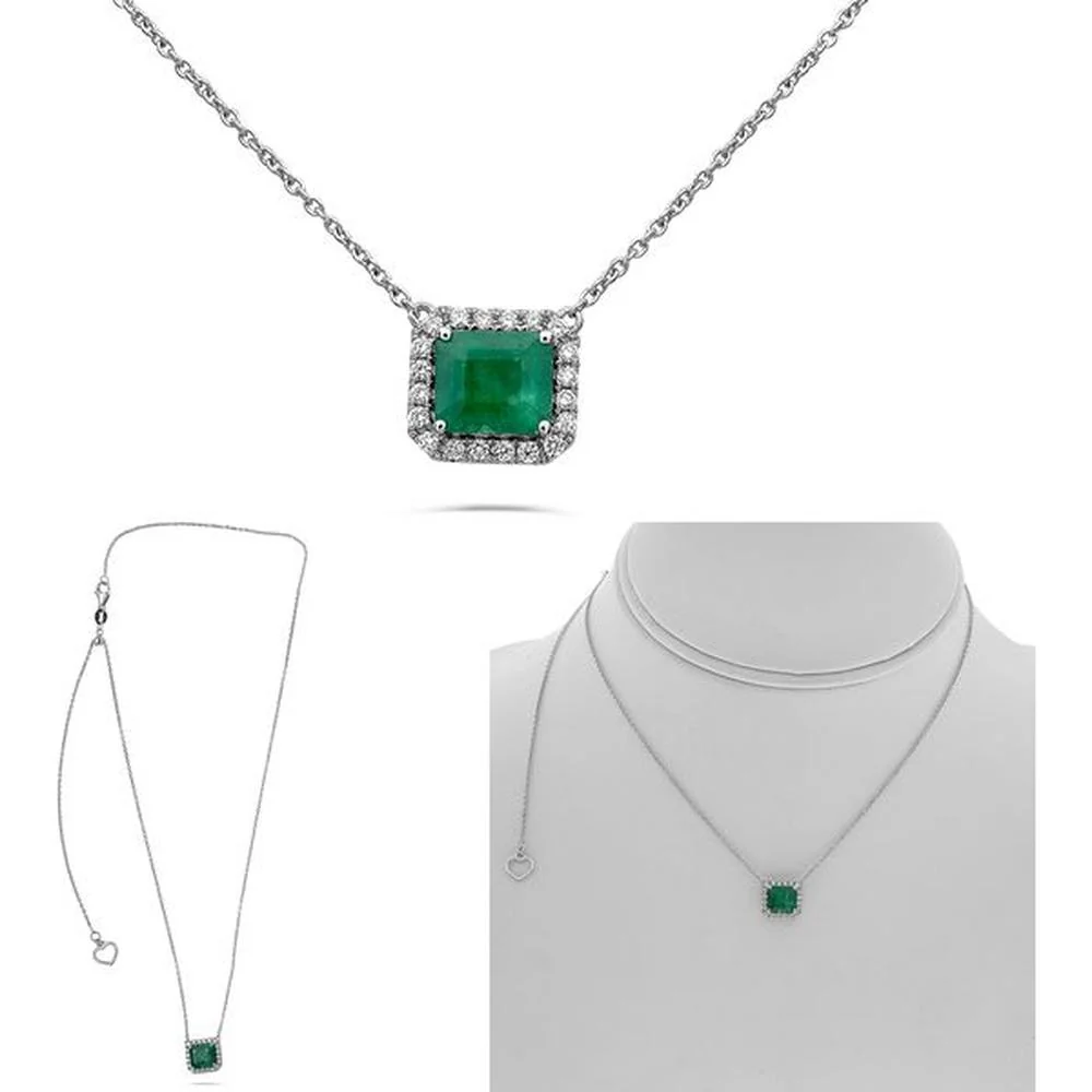 Roman & Jules - 14K White Gold Pendant Necklace with 1.20 Carat Radiant Emerald and Diamond Halo