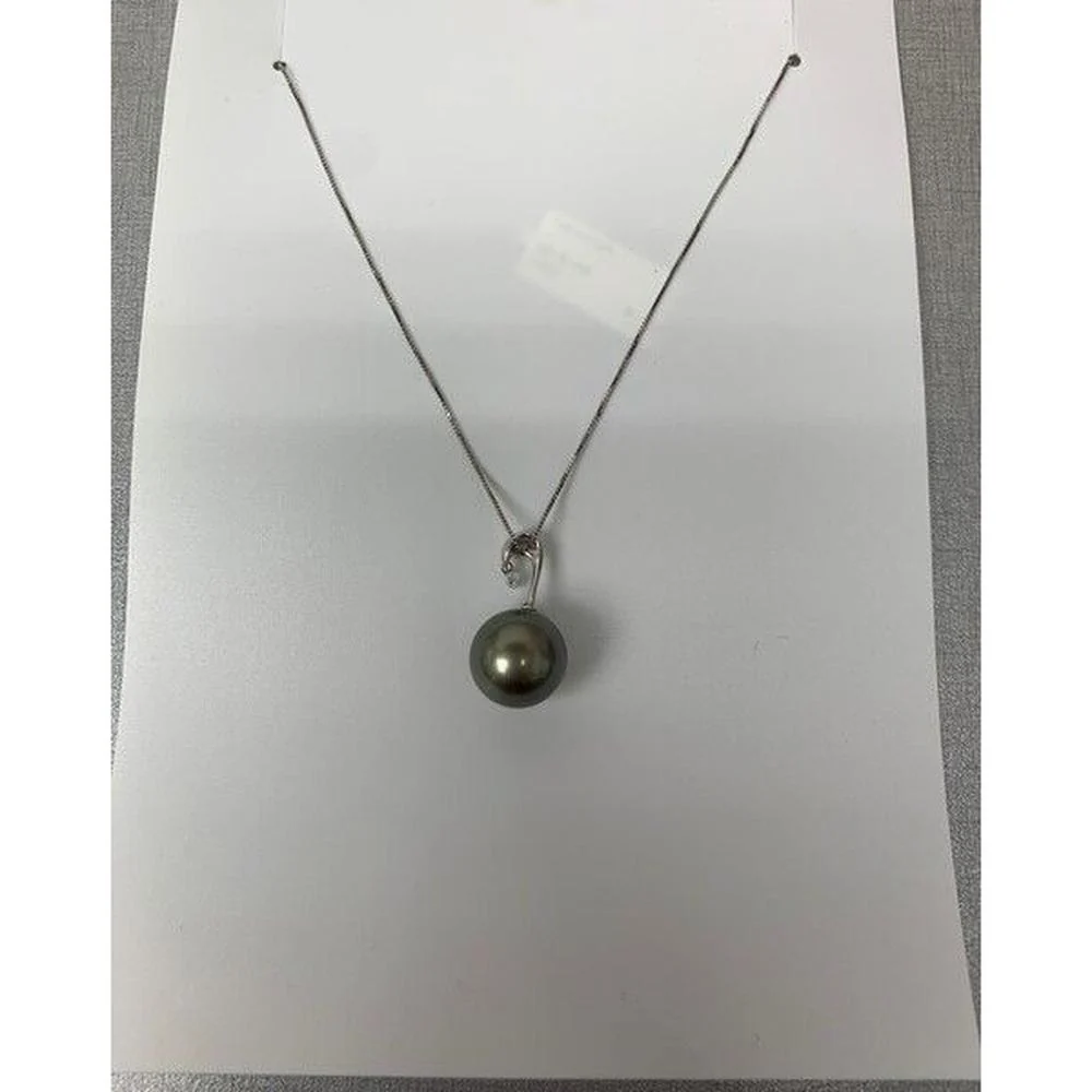 Roman & Jules - 14K White Gold Pendant Necklace with 12.5MM Pearl and 0.10 Carat Round Diamond