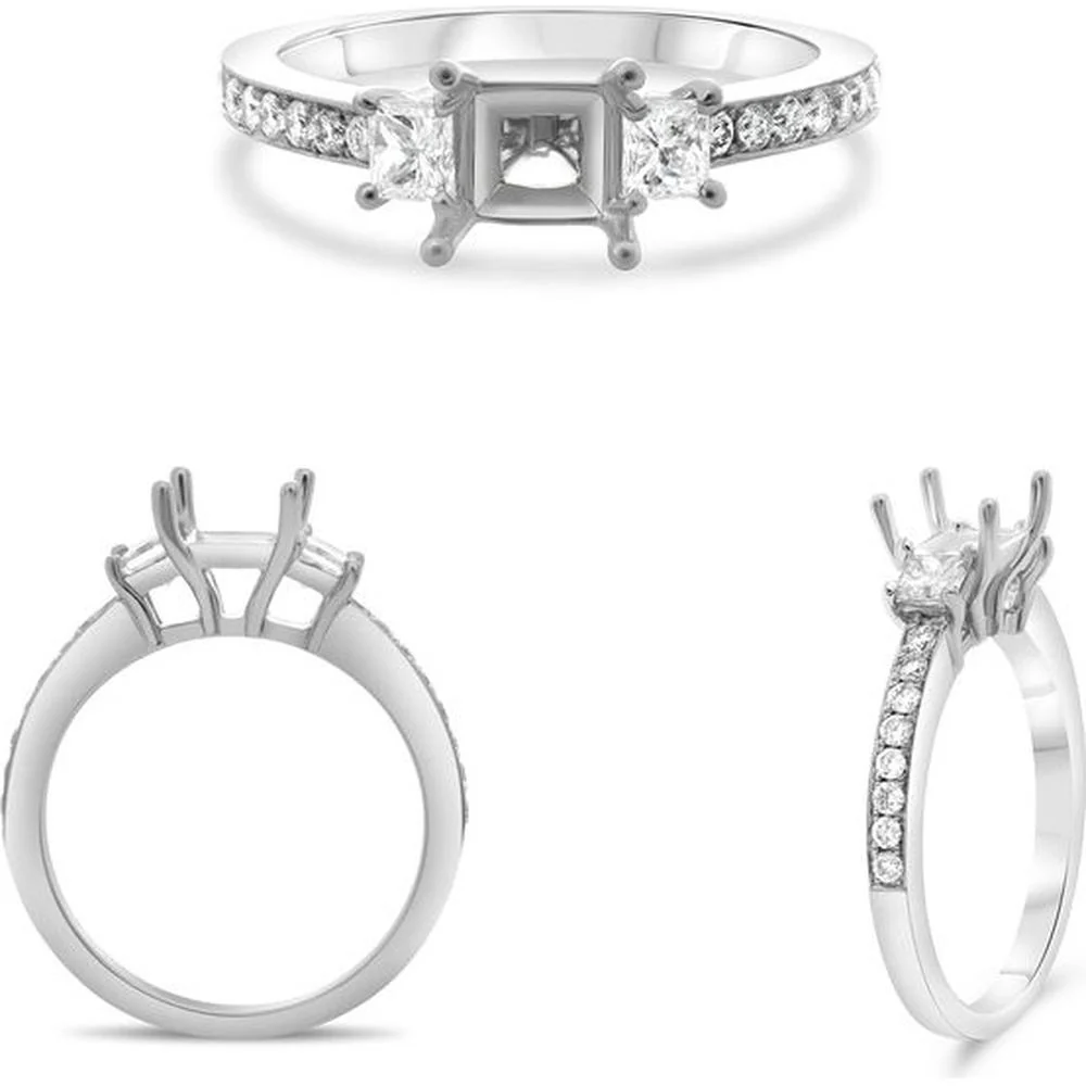 Roman & Jules - 14K White Gold Princess Cut Diamond Ring with Round Diamonds - 0.34 Carat Total Diamond Weight
