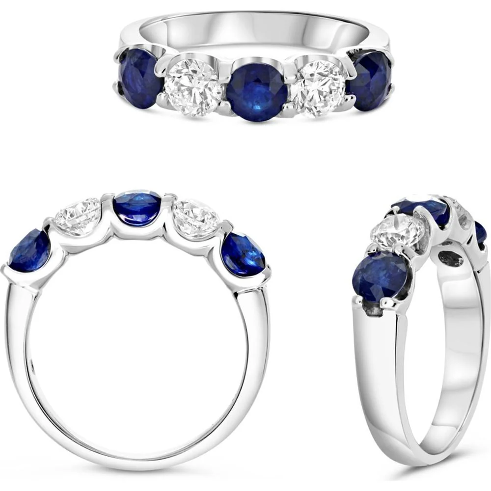 Roman & Jules - 14K White Gold Sapphire and Diamond Band Ring with Round Sapphires and Diamonds - 0.58 Carat Total Sapphire Weight, 0.20 Carat Total Diamond Weight