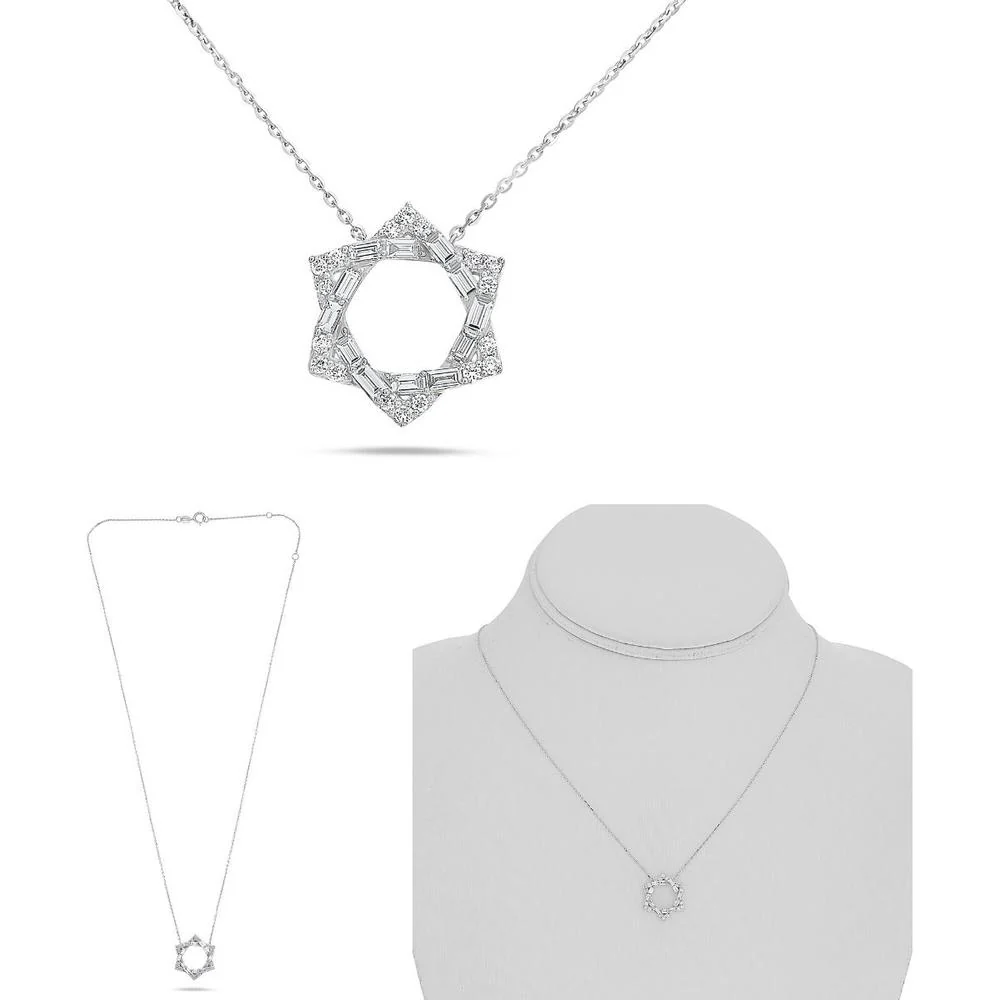Roman & Jules - 14K White Gold Star of David Necklace with Round and Baguette Diamonds - 0.38 Carat Total Diamond Weight