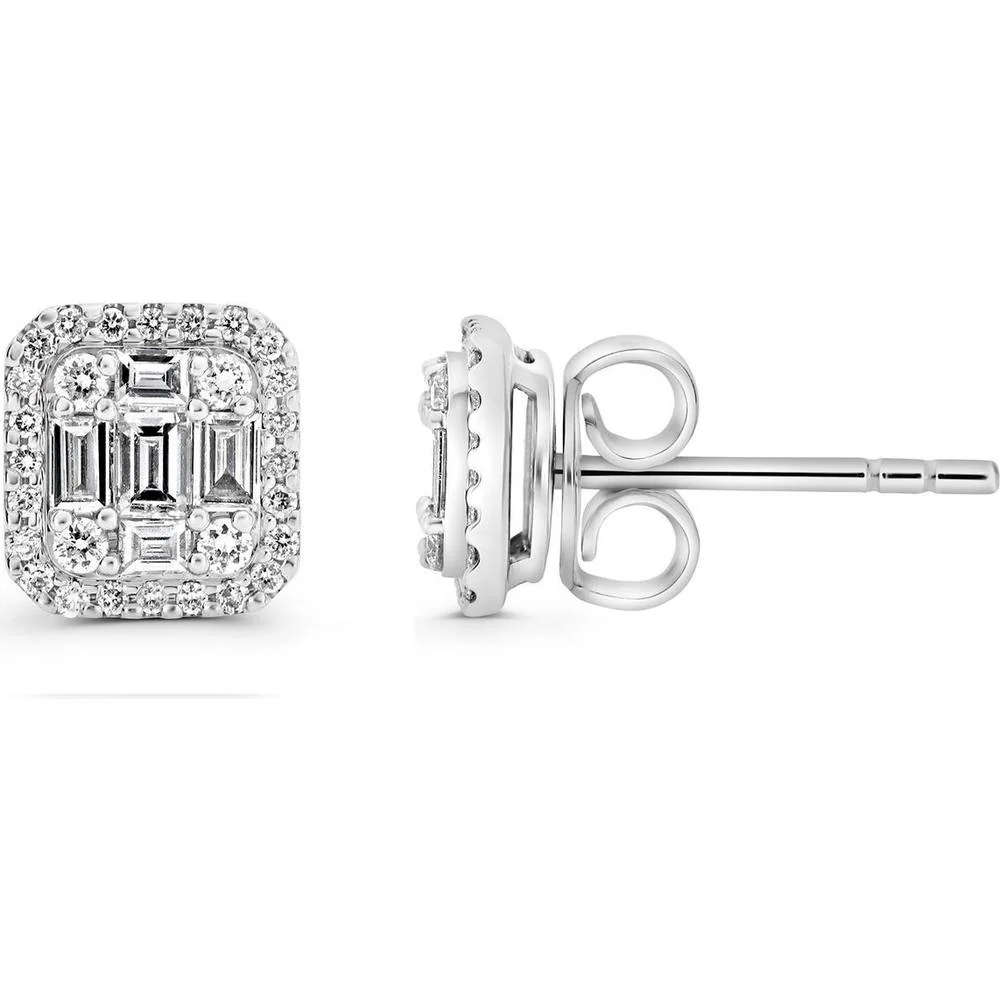 Roman & Jules - 14K White Gold Stud Earrings with Round and Baguette Diamonds - 0.64 Carat Total Diamond Weight