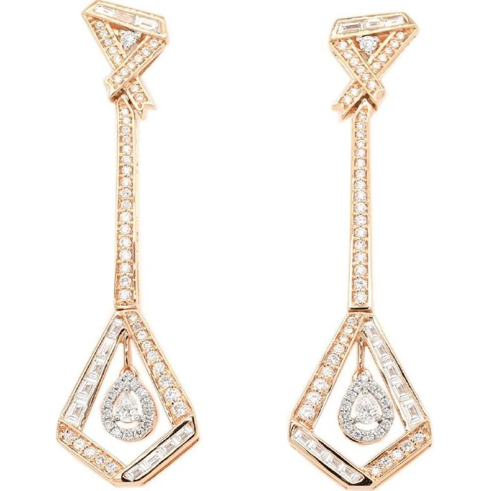 Roman & Jules - 14K Yellow Gold Drop Earrings with Pear Shape and Baguette Diamonds - 1.04 Carat Total Diamond Weight