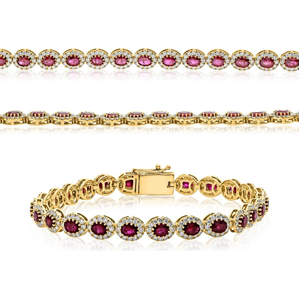 Roman & Jules - 14K Yellow Gold Oval Ruby Bracelet with Halo Set Round Diamonds - 2.25 Carat Total Diamond Weight