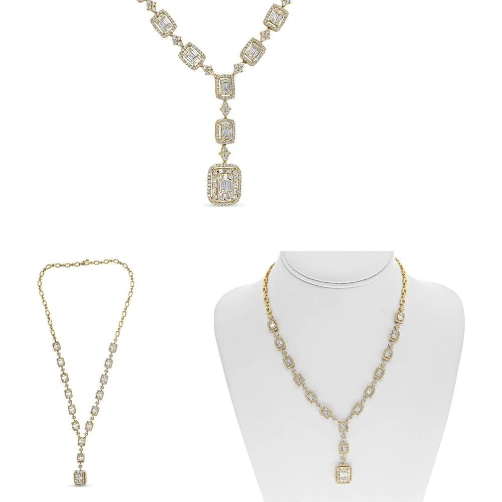 Roman & Jules - 14K Yellow Gold Y-Shaped Necklace with Baguette and Round Diamonds - 5.53 Carat Total Diamond Weight