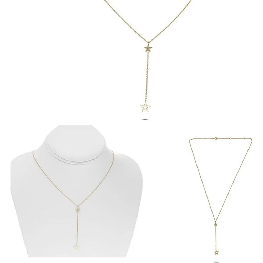 Roman & Jules - 14K Yellow Gold Y Star Necklace with 0.05 Carat Round Diamond in Micropavé Setting