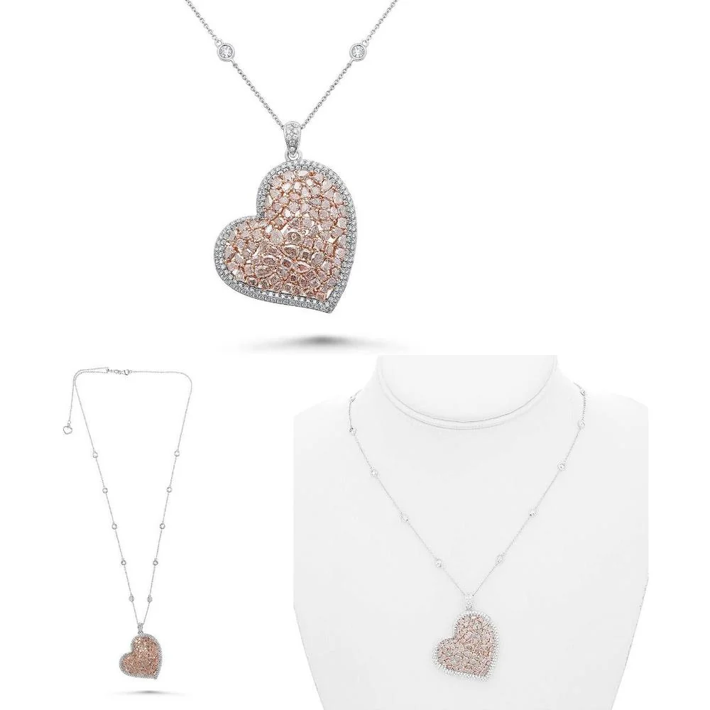 Roman & Jules - 18K White and Rose Gold Heart-Shaped Necklace with Pink Diamonds - 7.66 Carat Total Diamond Weight