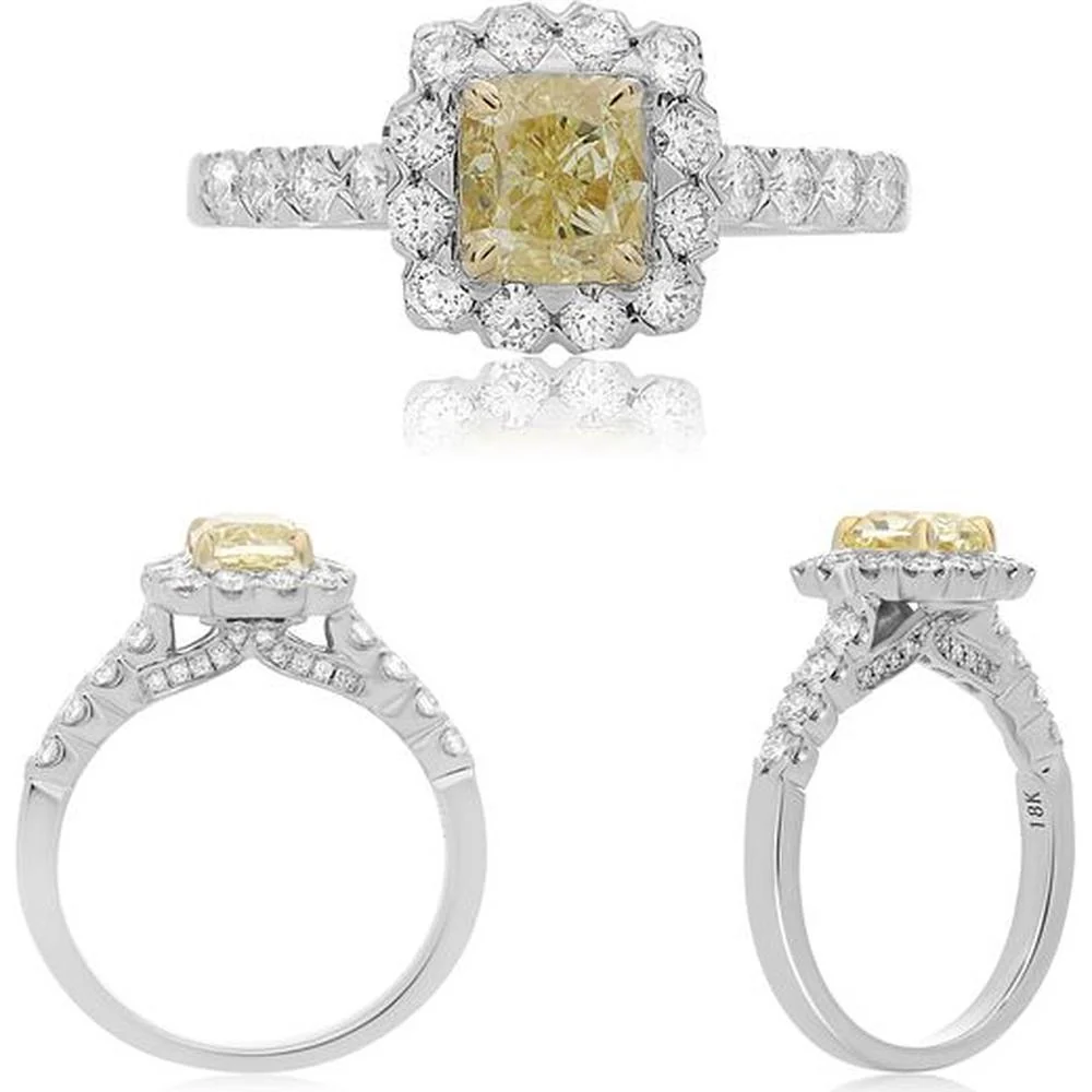 Roman & Jules - 18K White and Yellow Gold Cushion Fancy Yellow Diamond Halo Ring - 0.90 Carat Total Diamond Weight
