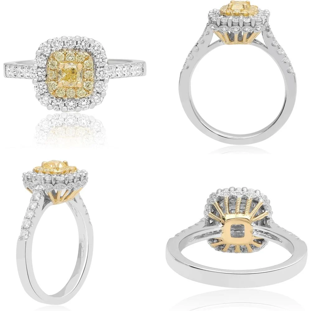 Roman & Jules - 18K White & Yellow Gold Cushion Fancy Yellow Diamond Halo Ring with Round Diamond Accents - 0.56 Carat Total Diamond Weight