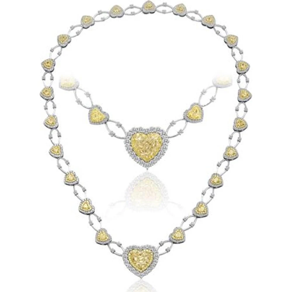 Roman & Jules - 18K White and Yellow Gold Floating Heart Necklace with Fancy Yellow Diamond and Round Diamond Halo - 6.77 Carat Total Diamond Weight