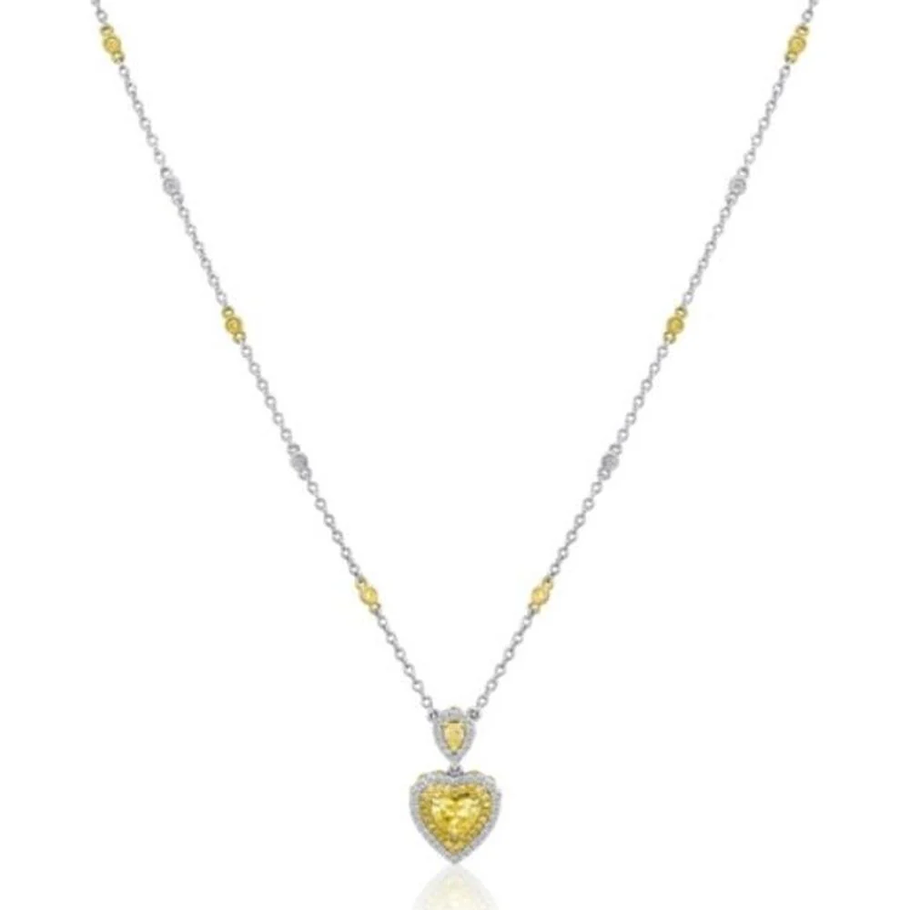 Roman & Jules - 18K White and Yellow Gold Heart Pendant Necklace with Fancy Yellow Diamonds and White Diamond Halo - 1.04 Carat Total Diamond Weight
