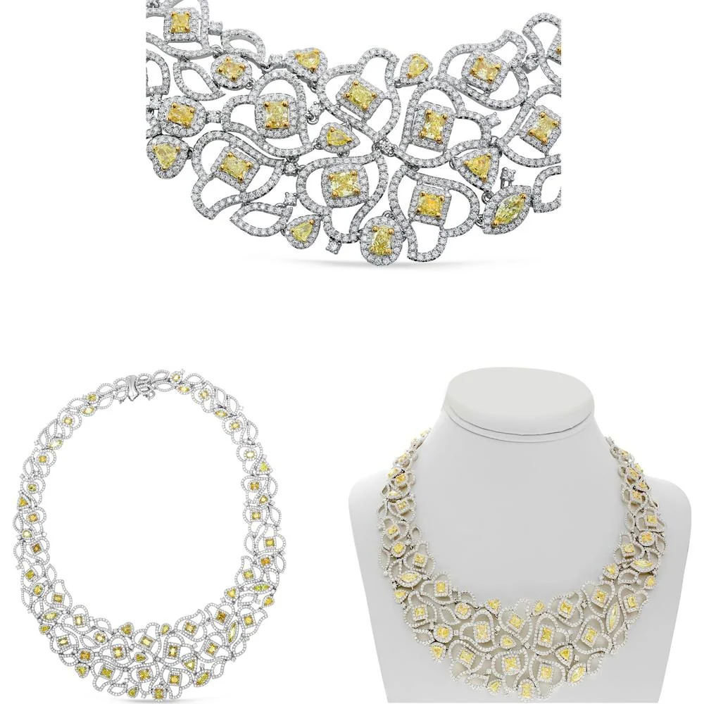 Roman & Jules - 18K White & Yellow Gold Necklace with Fancy Yellow Diamonds and White Diamond Halo - 20.74 Carat Total Diamond Weight