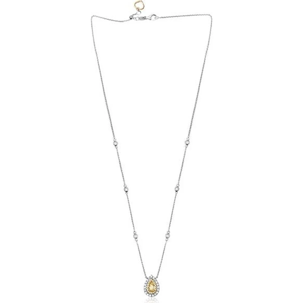 Roman & Jules - 18K White and Yellow Gold Necklace with Fancy Yellow Pear Shape Diamond and Round Diamond Halo - 0.53 Carat Total Diamond Weight