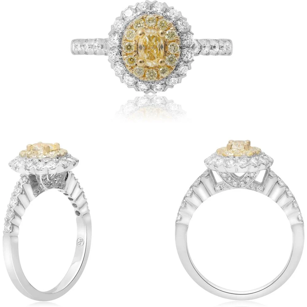 Roman & Jules - 18K White and Yellow Gold Oval Fancy Yellow Diamond Halo Ring with Round Diamonds - 0.62 Carat Total Diamond Weight