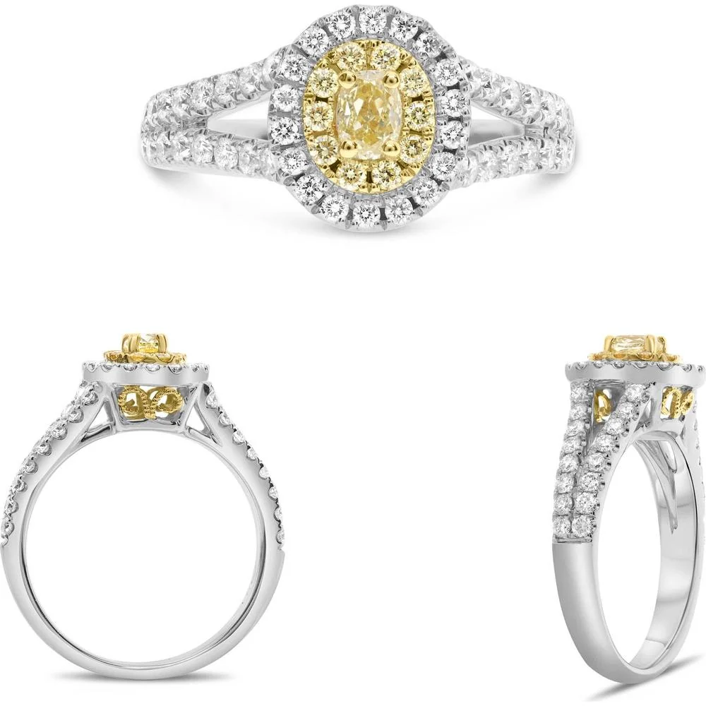 Roman & Jules - 18K White and Yellow Gold Oval Fancy Yellow Diamond Halo Ring with Round White and Yellow Diamonds - 1.15 Carat Total Diamond Weight