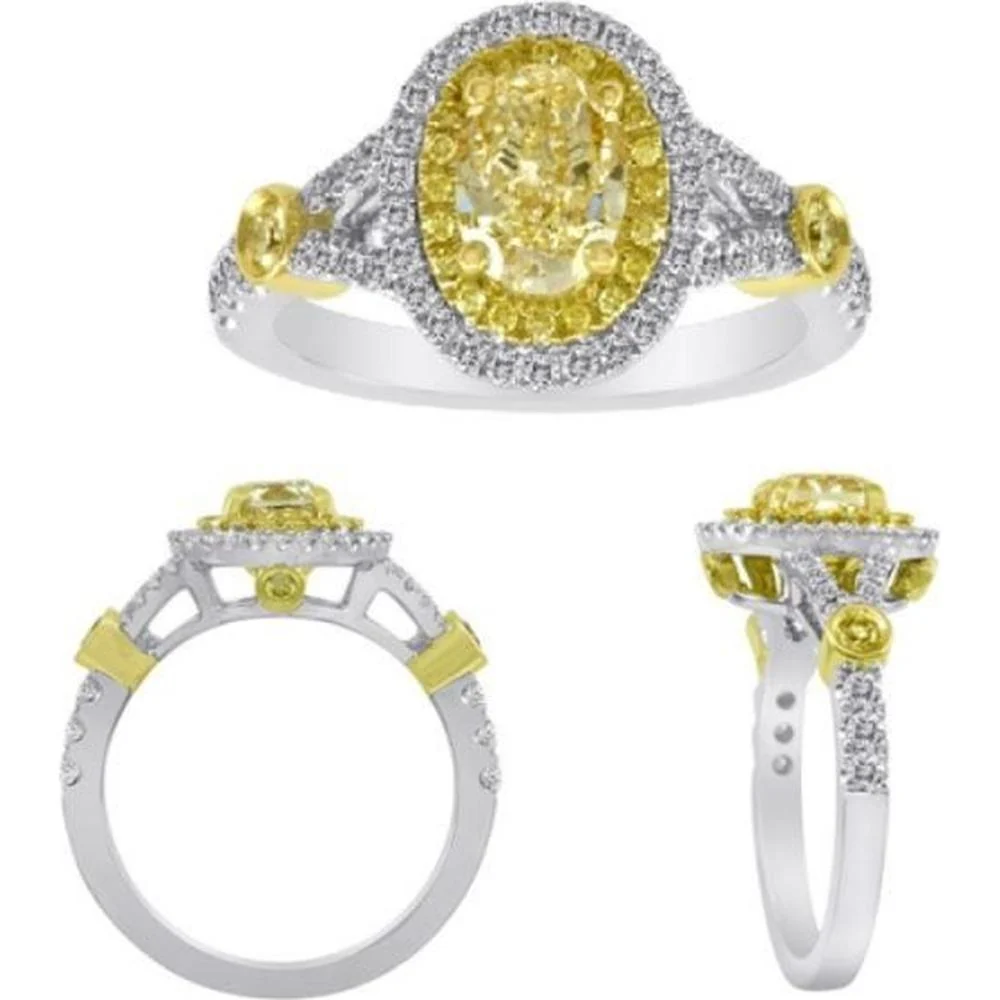 Roman & Jules - 18K White and Yellow Gold Oval Fancy Yellow Diamond Ring with Double Halo and Round Diamond Accents - 1.02 Carat Total Diamond Weight