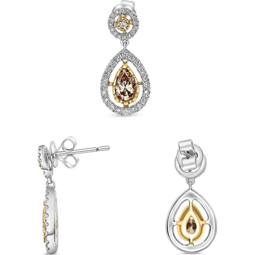 Roman & Jules - 18K White and Yellow Gold Pear Shape Champagne Diamond Halo Earrings - 1.07 Carat Total Diamond Weight