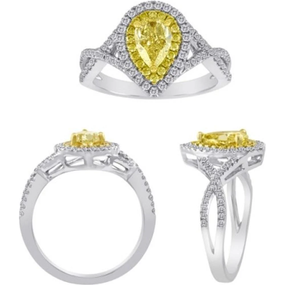 Roman & Jules - 18K White & Yellow Gold Pear Shape Fancy Yellow Diamond Ring with Double Halo - 0.68 Carat Total Diamond Weight