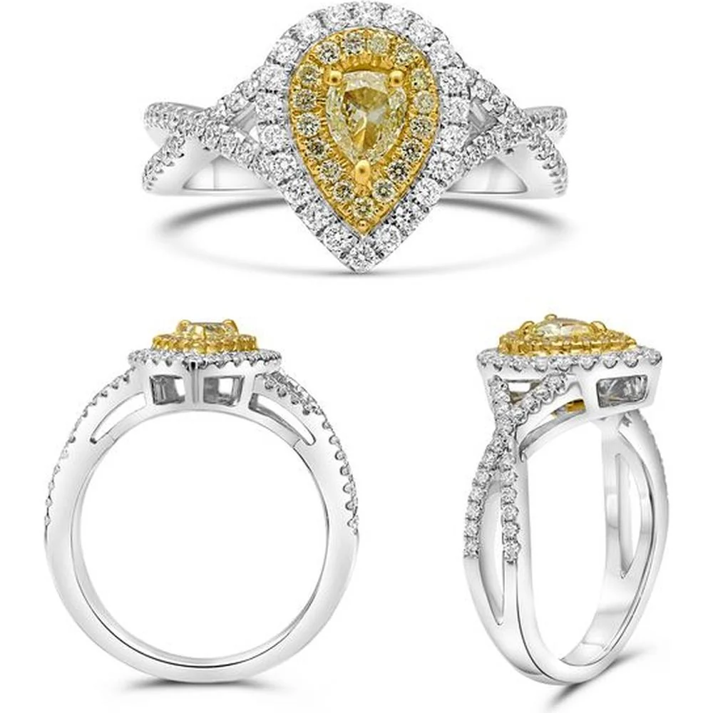 Roman & Jules - 18K White and Yellow Gold Pear Shape Fancy Yellow Diamond Ring with Round Diamond Halo - 0.90 Carat Total Diamond Weight