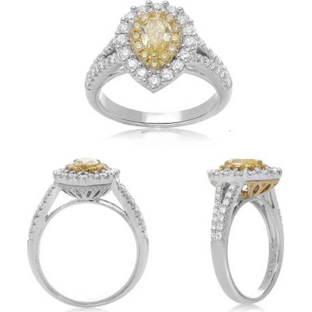 Roman & Jules - 18K White and Yellow Gold Pear Shape Fancy Yellow Diamond Ring with Round Diamonds - 1.18 Carat Total Diamond Weight