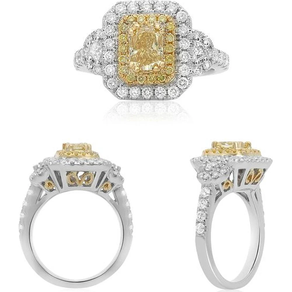 Roman & Jules - 18K White and Yellow Gold Radiant Fancy Yellow Diamond Halo Ring with Round White Diamonds - 0.71 Carat Total Diamond Weight