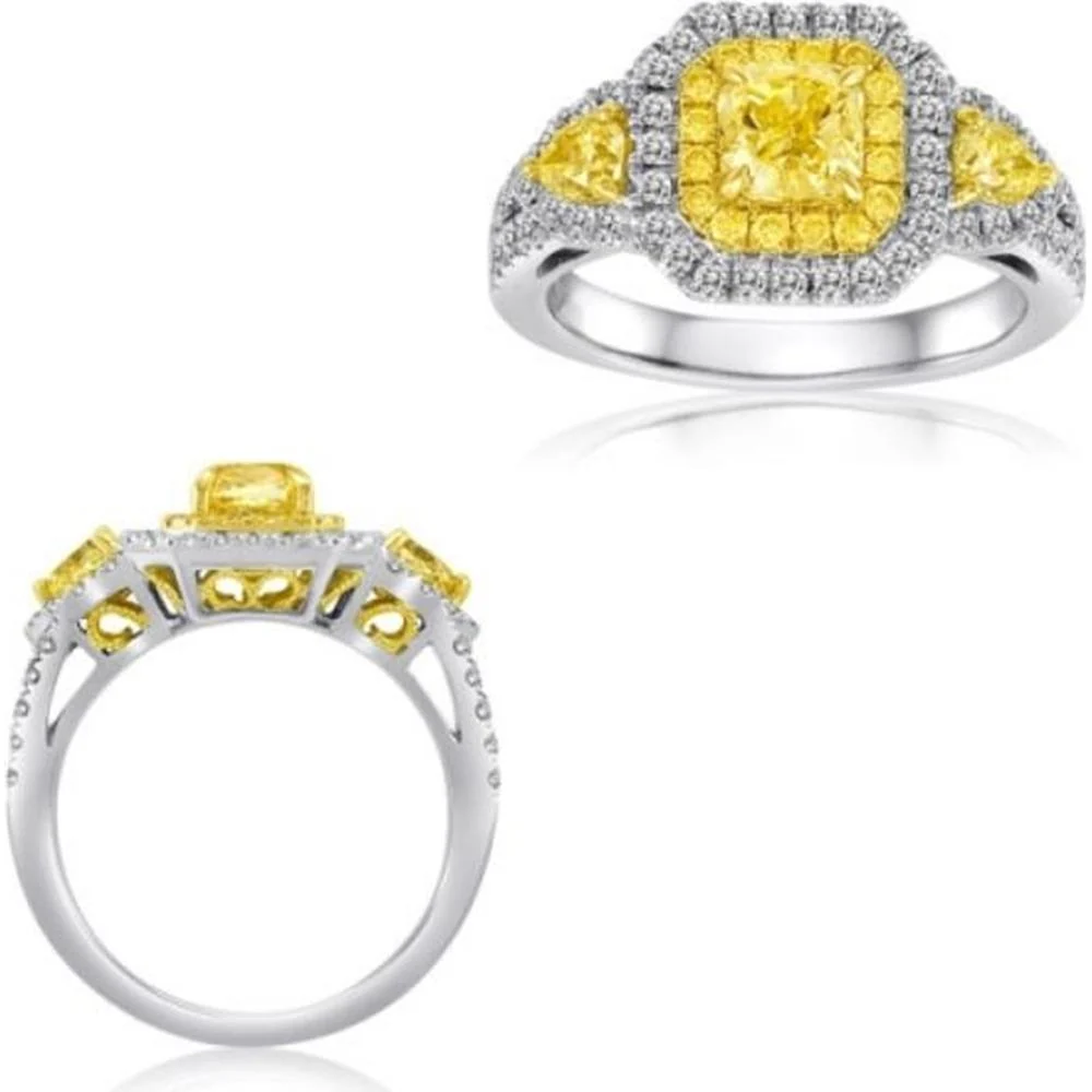 Roman & Jules - 18K White and Yellow Gold Radiant Fancy Yellow Diamond Ring with Halo - 1.87 Carat Total Diamond Weight
