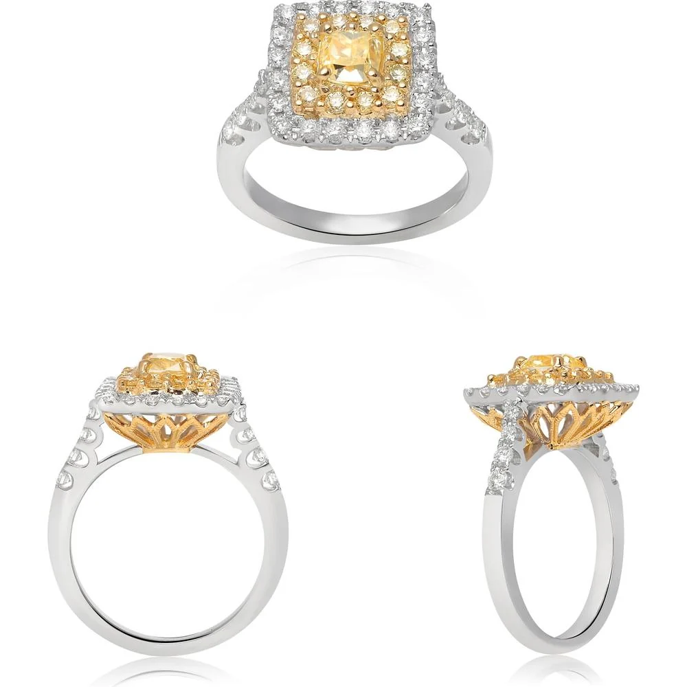 Roman & Jules - 18K White and Yellow Gold Radiant Fancy Yellow Diamond Ring with Halo of White Diamonds - 1.59 Carat Total Diamond Weight