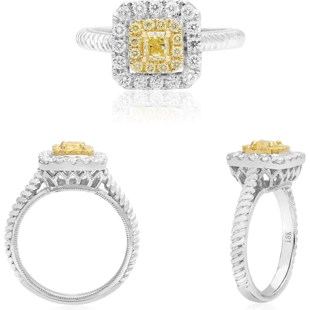 Roman & Jules - 18K White and Yellow Gold Radiant Fancy Yellow Diamond Ring with Round Diamond Halo - 0.67 Carat Total Diamond Weight