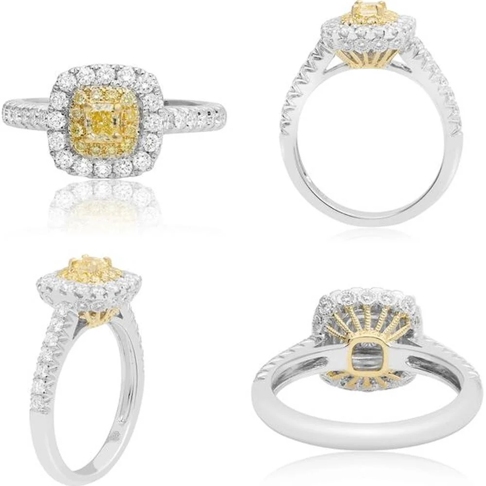 Roman & Jules - 18K White and Yellow Gold Round Fancy Yellow Diamond Halo Ring - 1.16 Carat Total Diamond Weight