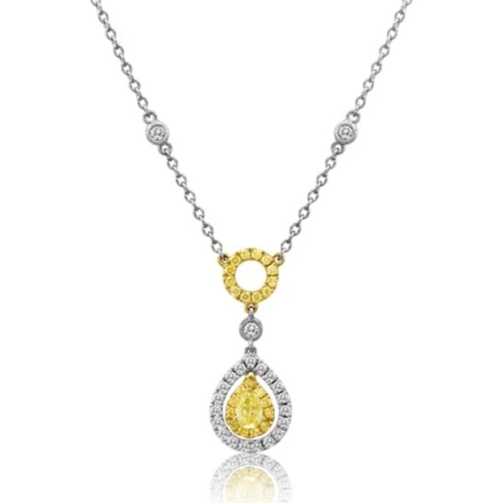 Roman & Jules - 18K White Gold and Yellow Gold Fancy Yellow Diamond Pendant Necklace with Round Diamond Halo - 0.83 Carat Total Diamond Weight