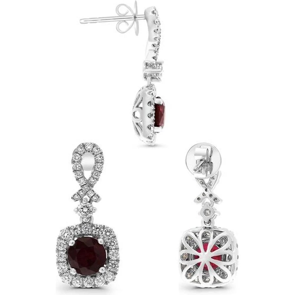 Roman & Jules - 18K White Gold Cushion Cut Ruby and Diamond Drop Earrings - 1.37 Carat Total Ruby Weight, 0.92 Carat Total Diamond Weight