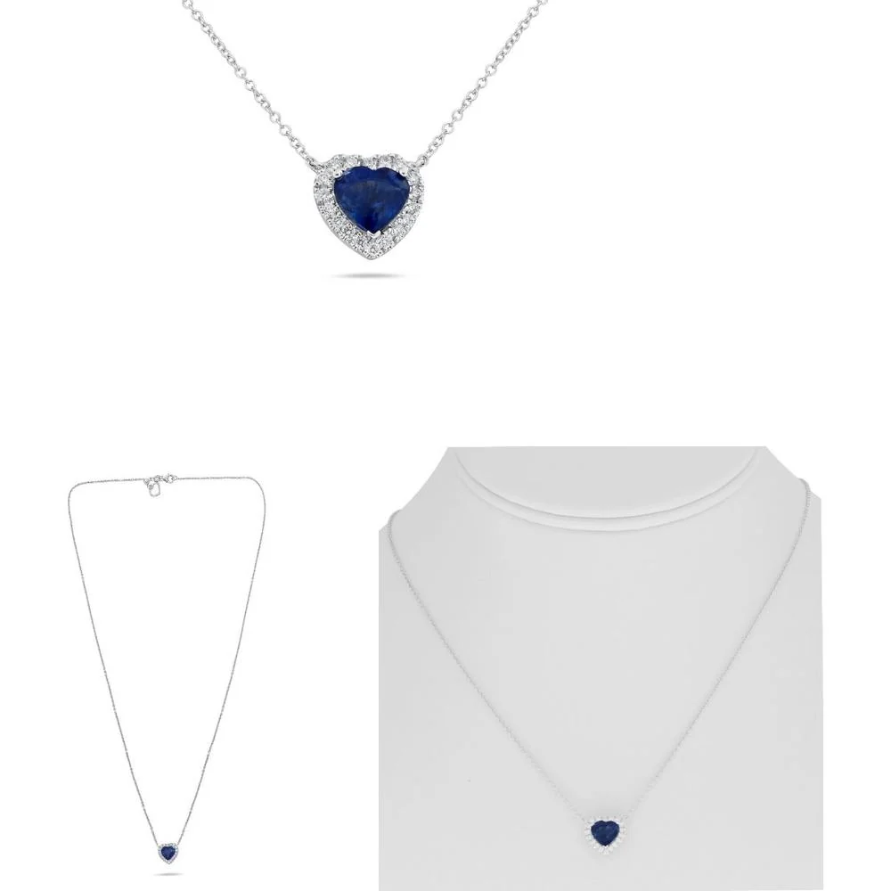 Roman & Jules - 18K White Gold Halo Heart Shaped Sapphire Necklace with Round Diamonds - 1.63 Carat Sapphire, 0.16 Carat Diamond Total Weight