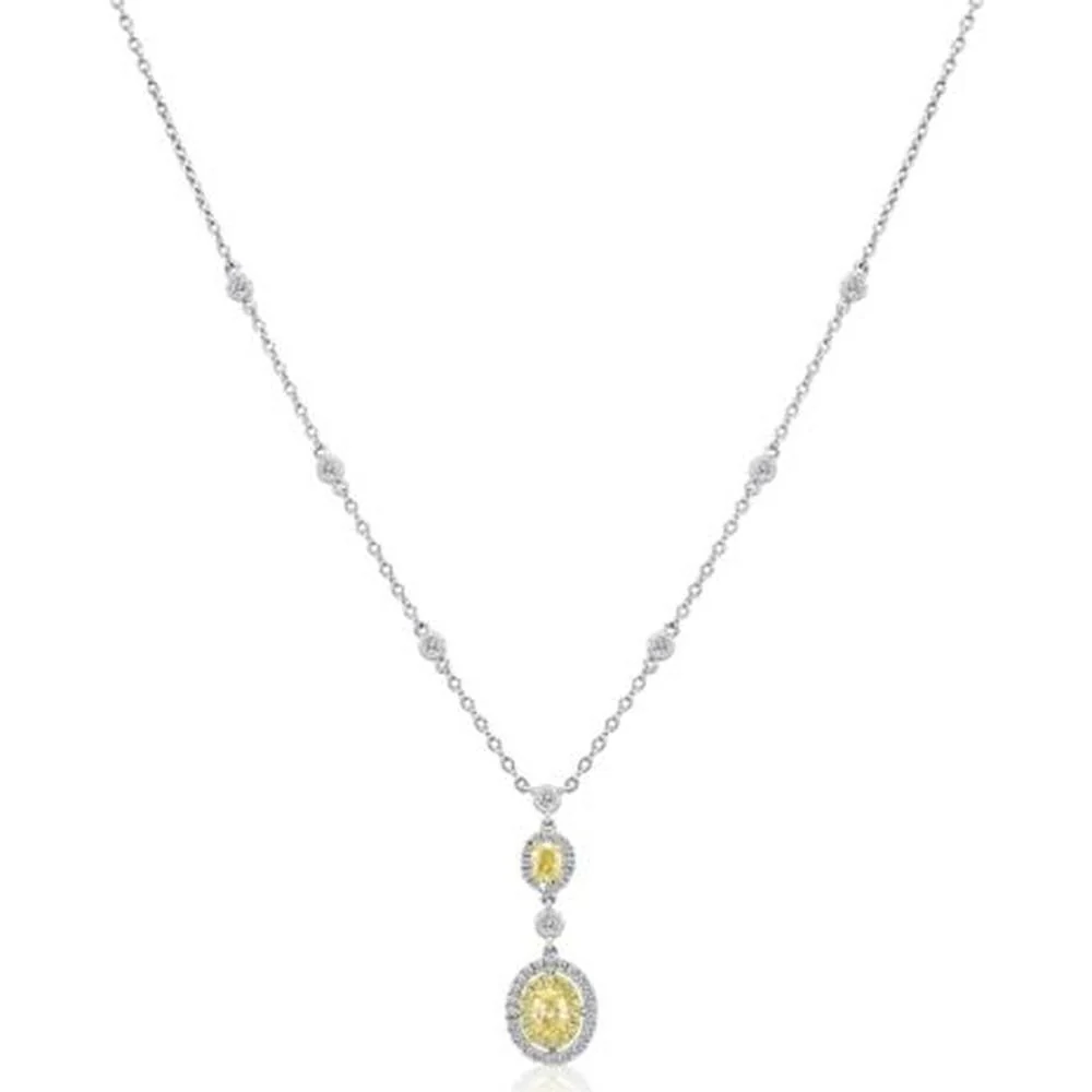 Roman & Jules - 18K White Gold Necklace with Fancy Yellow Oval Diamond and Round Diamonds - 1.12 Carat Total Diamond Weight